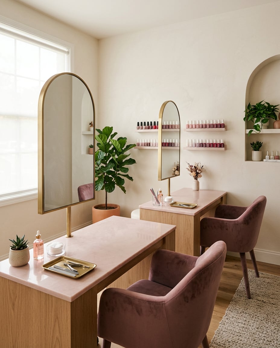 Pembe tezgahlı, mor kadife koltuklu, kemerli aynalı ve oje raflı aydınlık modern nail stüdyosu
