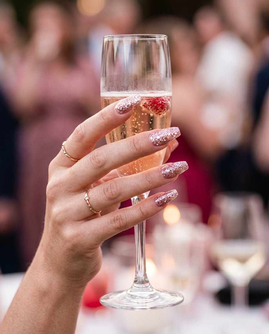 Şampanya kadehi tutan elde rose gold ve pembe simli tırnaklar