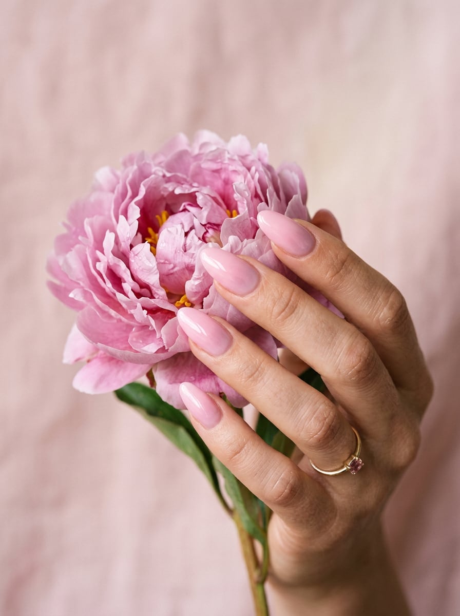 Pembe şakayık tutan, yumuşak pembe aura efektli uzun badem tırnaklar