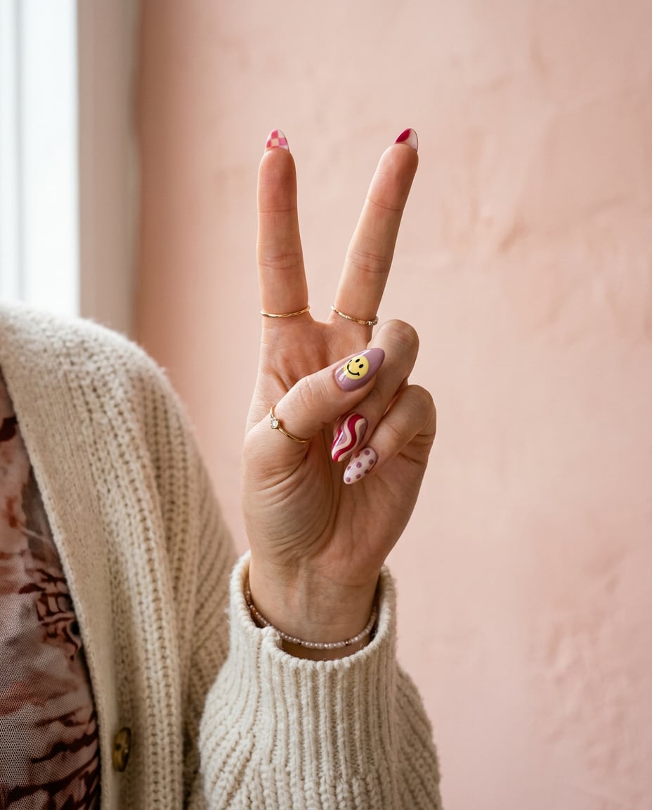 Barış işareti yapan elde damalı, gülen yüzlü ve puantiyeli karışık nail art