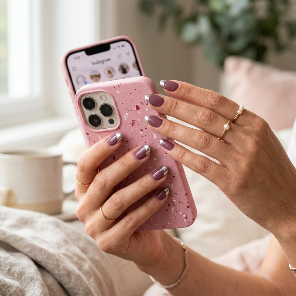 Pembe telefon kılıfı tutan mor ve gümüş krom uçlu tırnaklar