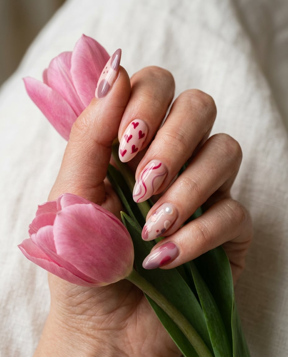 Pembe laleler tutan, kalp ve dalga desenli nail art yapılmış badem tırnaklar