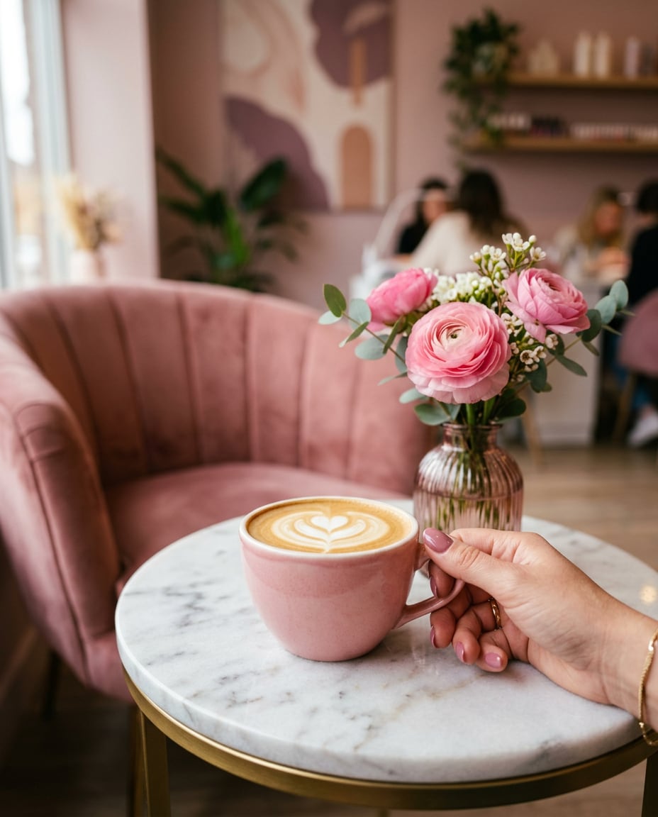 Mermer sehpada pembe fincanda latte ve yanında pembe çiçekler