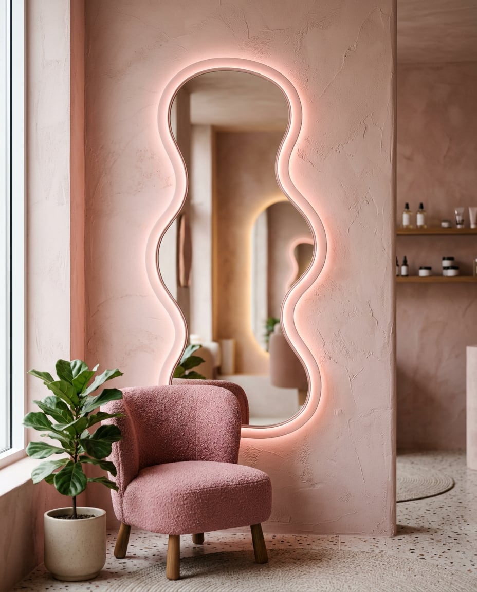 Pembe sıva duvarda ışıklı dalgalı ayna ve önünde pembe bukle koltuk